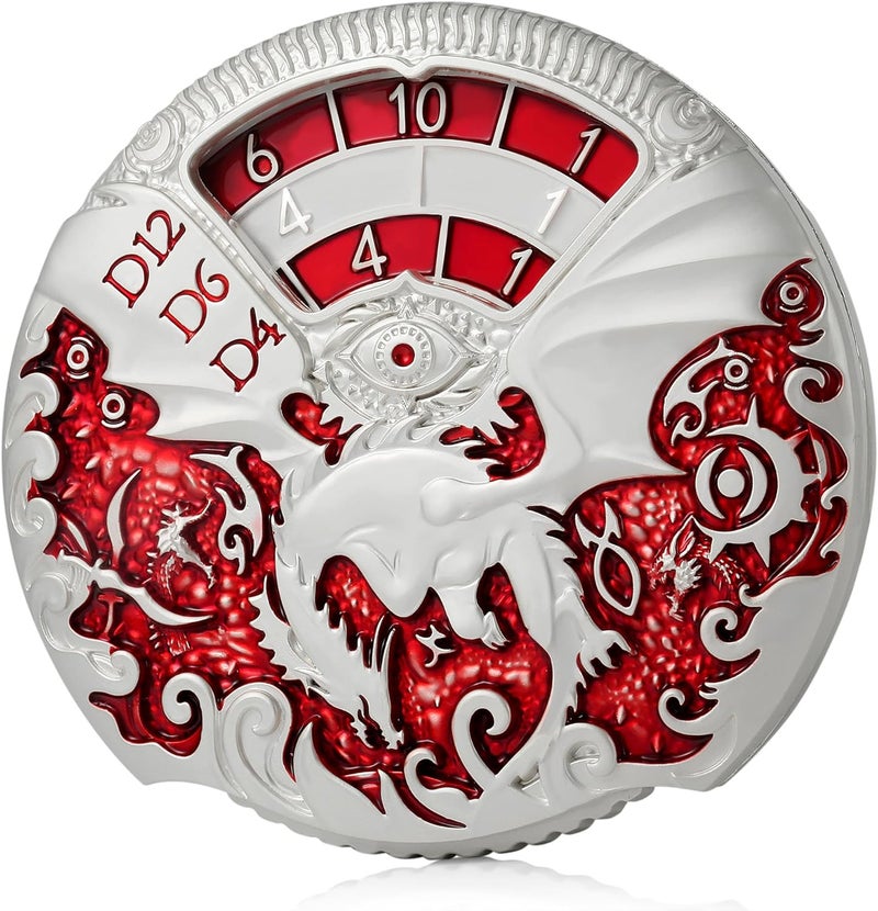 DNDND مجموعة نرد معدنية دوارة 7 في 1 لنرد D&D مع صندوق هدايا فاخر لألعاب الزنزانات والتنين والألعاب اللوحية (فضي مع أحمر) - Image 1